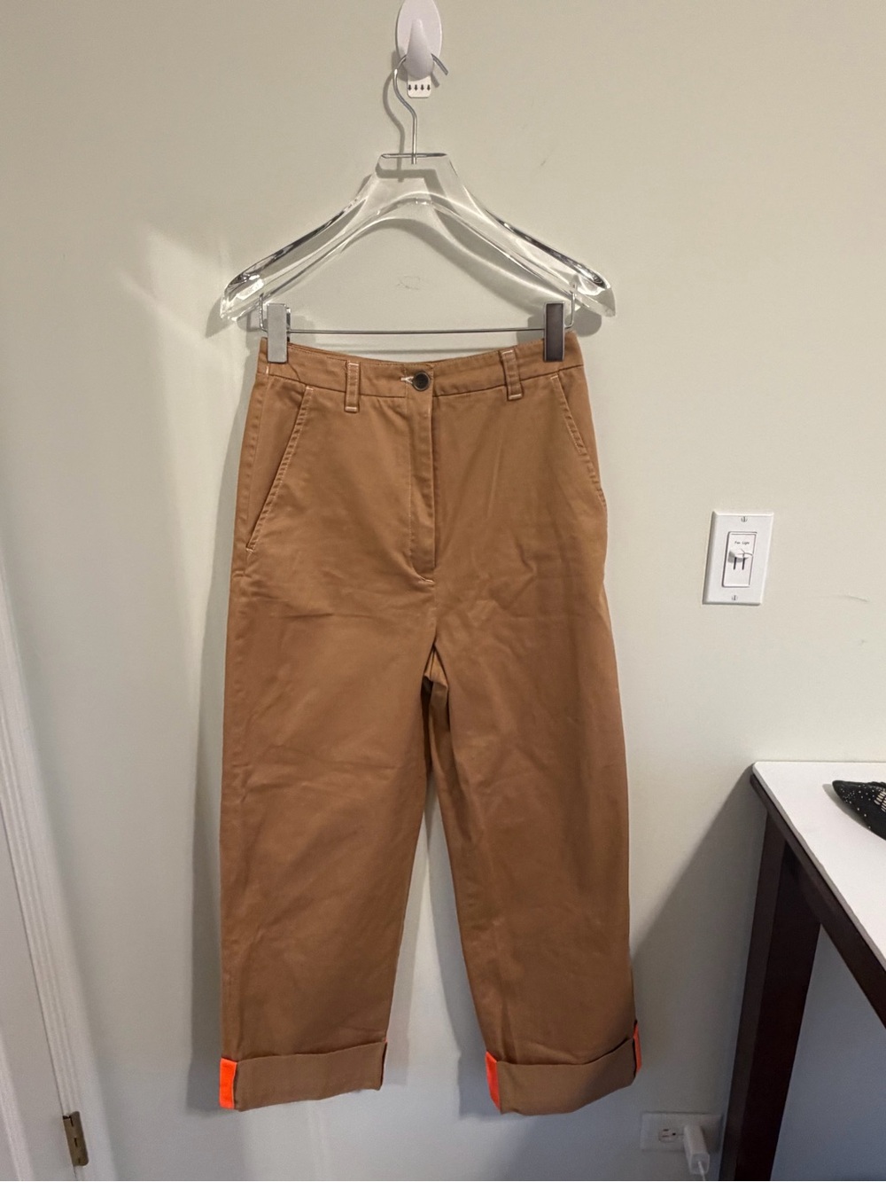 Zara ZW Sergeant Chino Camel Pants Neon Pop Cuffs Wide Leg NWOT